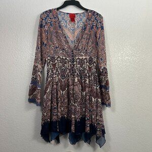 V Cristina Beaded Boho Fairy Smocked Sheer Handkerchief Tunic Dress